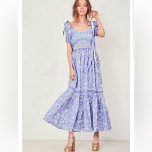 LoveShackFancy Angie Short Sleeve Floral Cotton Ribbon Tie Shoulder Maxi Dress 6